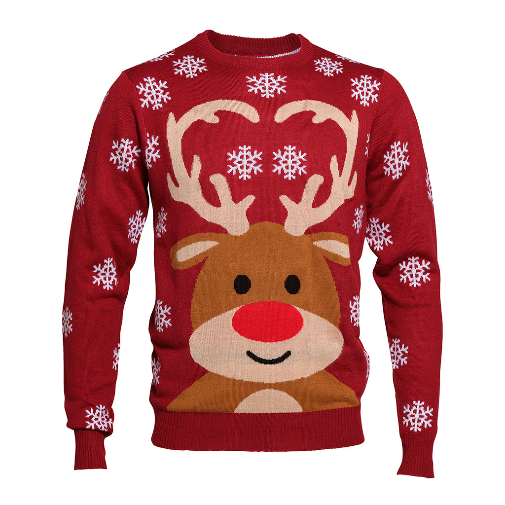 En mørkerød julesweater med et rensdyr og snefnug på.